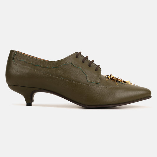 Olive Green Insect Kitten Heel Mules
