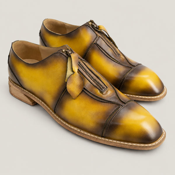 Hand-Burnished Yellow Leather Zip Oxford