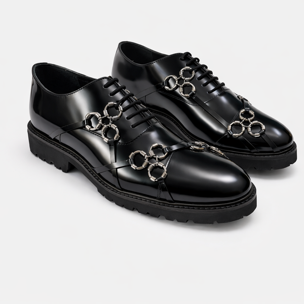 Black Leather toe cap Oxford with Metal Harness Detail
