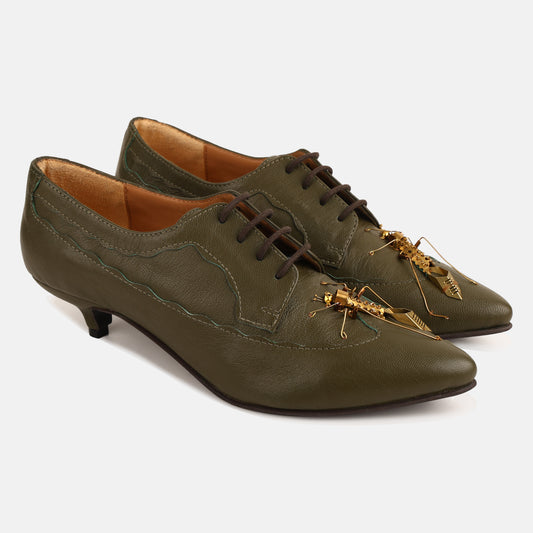 Olive Green Insect Kitten Heel Mules
