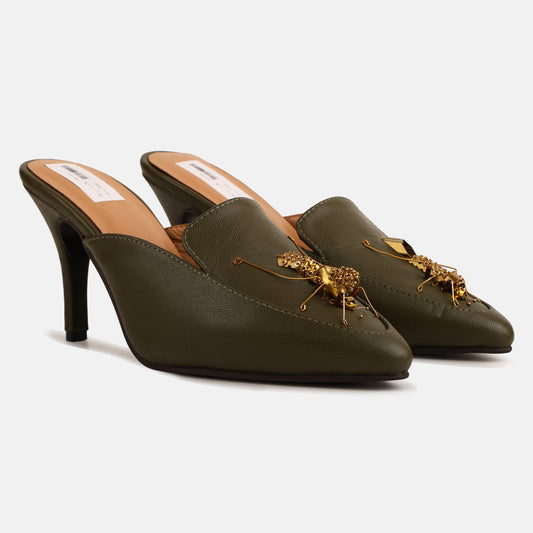 Olive Green Insect Mule Heels