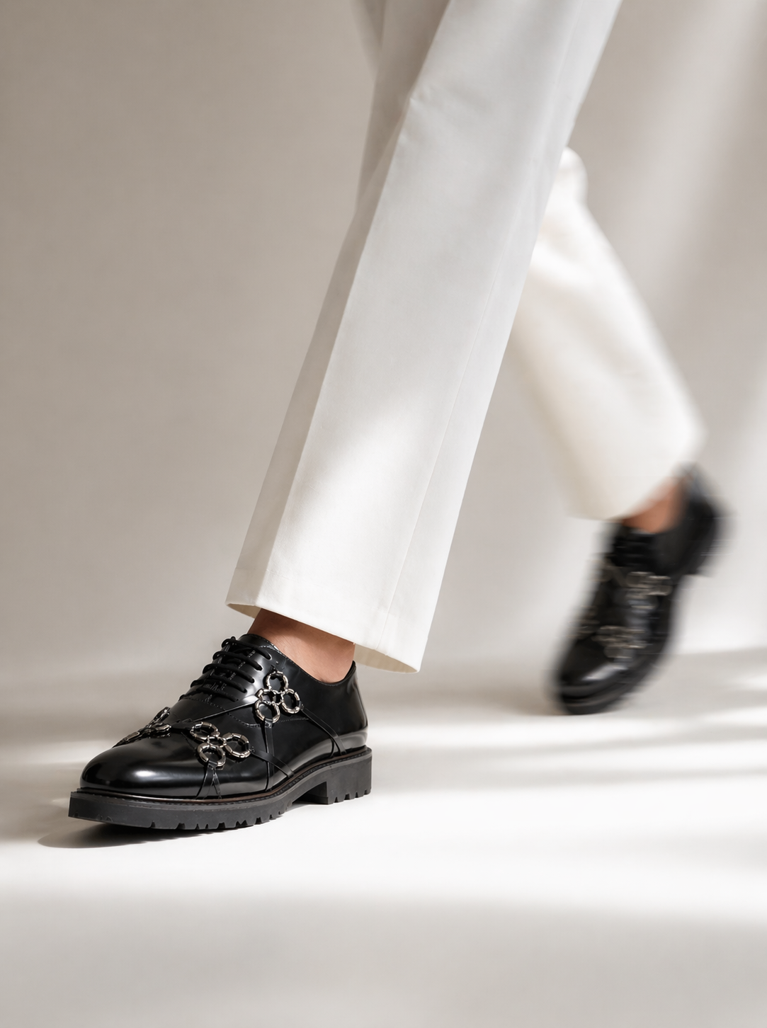 Black Leather toe cap Oxford with Metal Harness Detail
