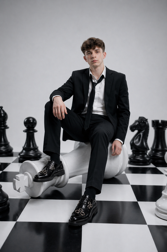 Black Leather toe cap Oxford with Metal Harness Detail