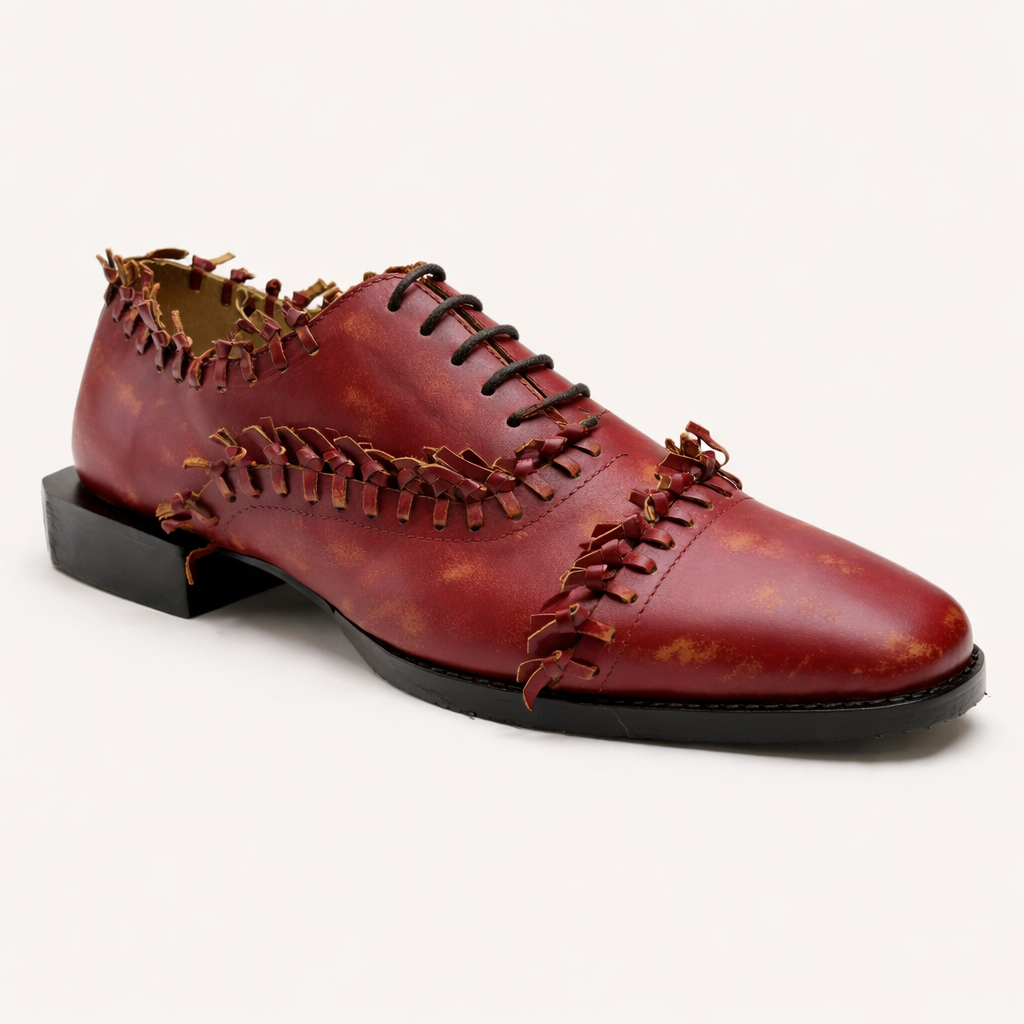 Distressed Red Leather Hand-Stitched Oxford
