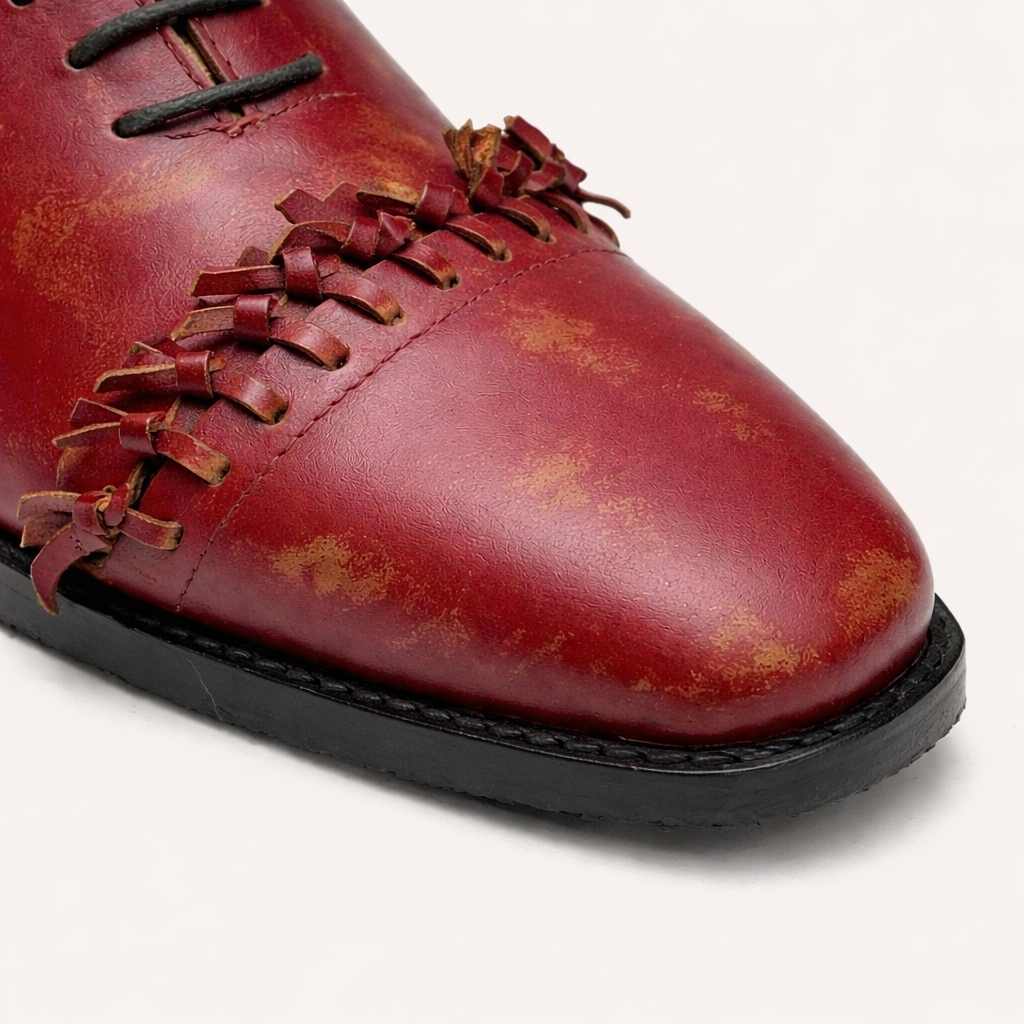 Distressed Red Leather Hand-Stitched Oxford
