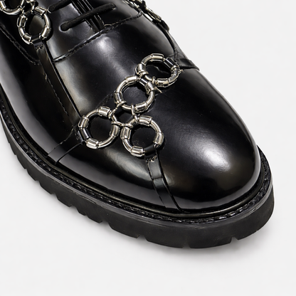 Black Leather toe cap Oxford with Metal Harness Detail