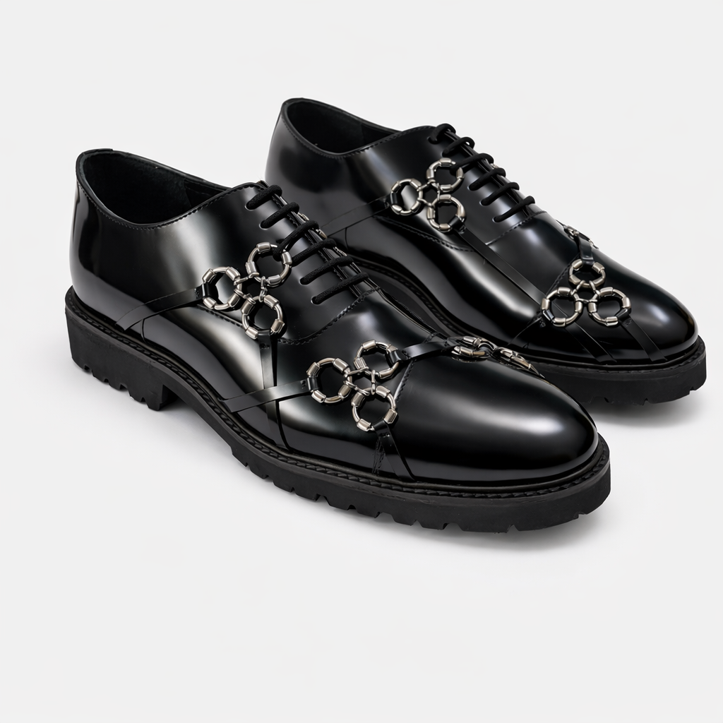 Black Leather toe cap Oxford with Metal Harness Detail