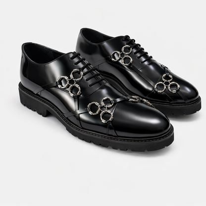 Black Leather toe cap Oxford with Metal Harness Detail