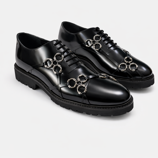 Black Leather toe cap Oxford with Metal Harness Detail