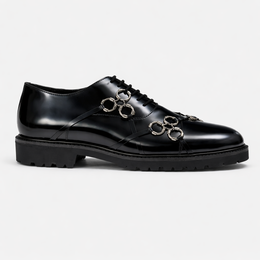 Black Leather toe cap Oxford with Metal Harness Detail