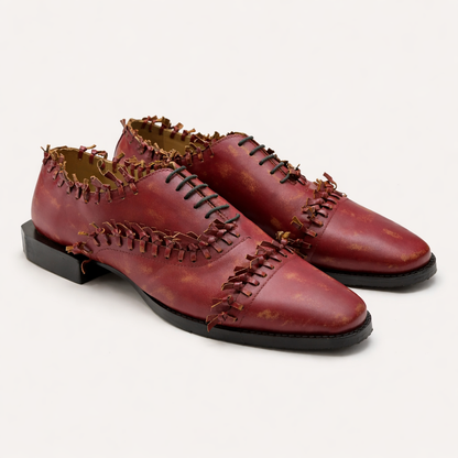 Distressed Red Leather Hand-Stitched Oxford