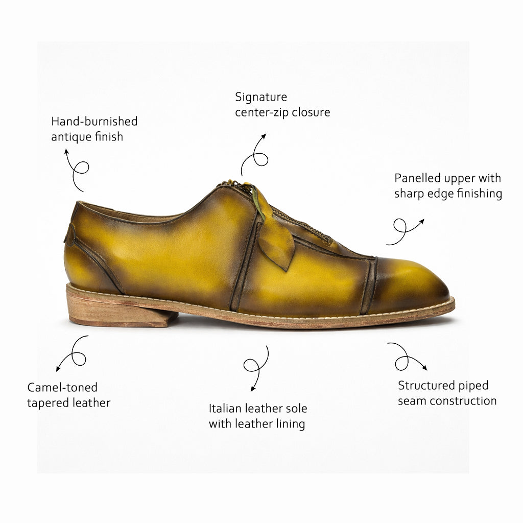 Hand-Burnished Yellow Leather Zip Oxford
