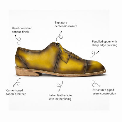 Hand-Burnished Yellow Leather Zip Oxford