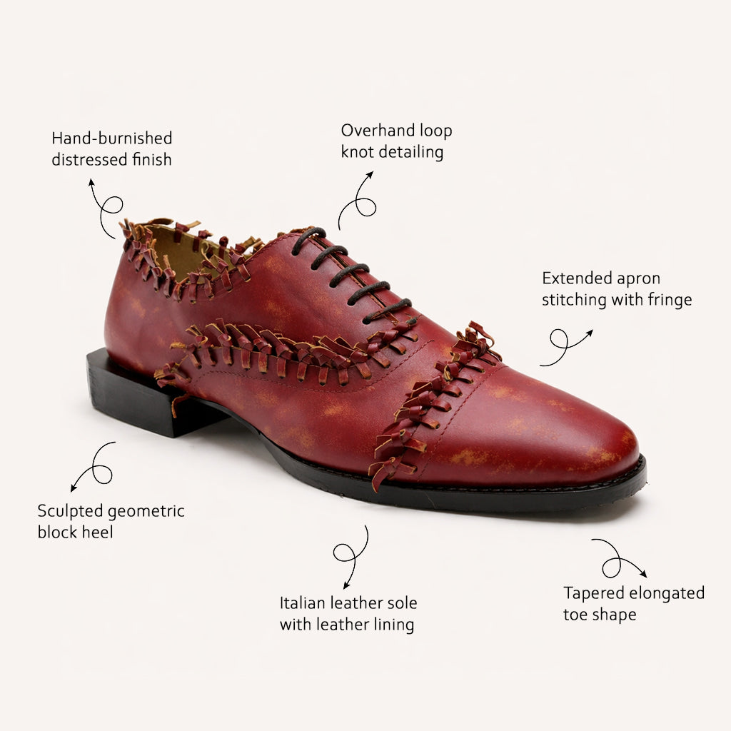 Distressed Red Leather Hand-Stitched Oxford